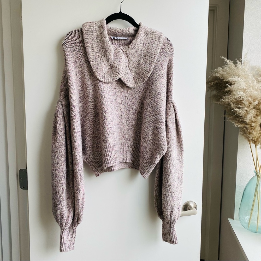 ZARA Metallic Pastel Balloon Sleeve Collared Sweater